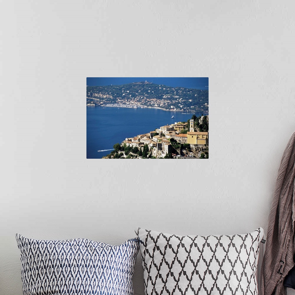 A bohemian room featuring Eze village and Cap Ferrat in background, Provence, French Riviera, France