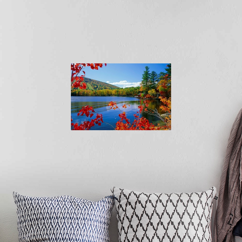 A bohemian room featuring Fall colours, Moose Pond, with Mount Pleasant in the background, Maine, New England