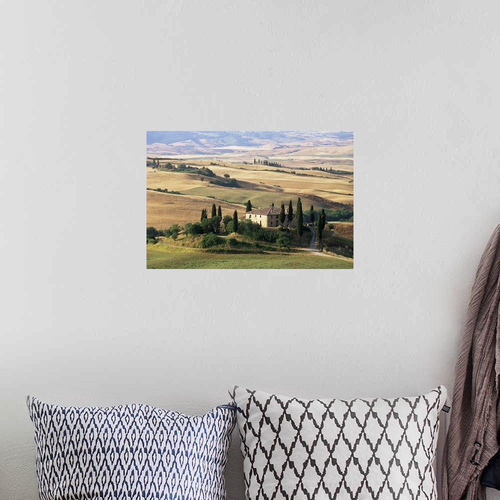 A bohemian room featuring Farmhouse and cypress trees in the early morning, San Quirico d'Orcia, Tuscany, Italy