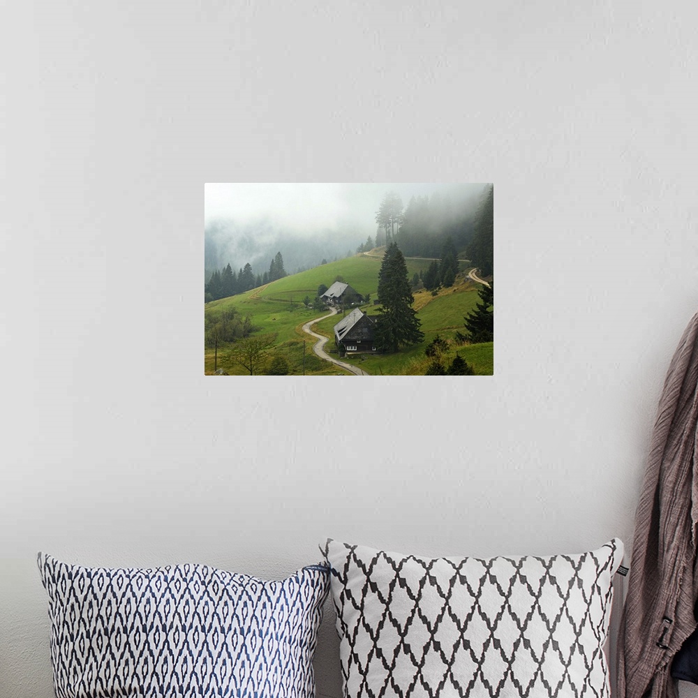 A bohemian room featuring Farmhouses in fog, Muchenland, Black Forest, Baden-Wurttemberg, Germany
