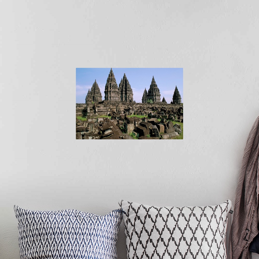 A bohemian room featuring Hindu temples of Candi Prambanan,  island of Java, Indonesia