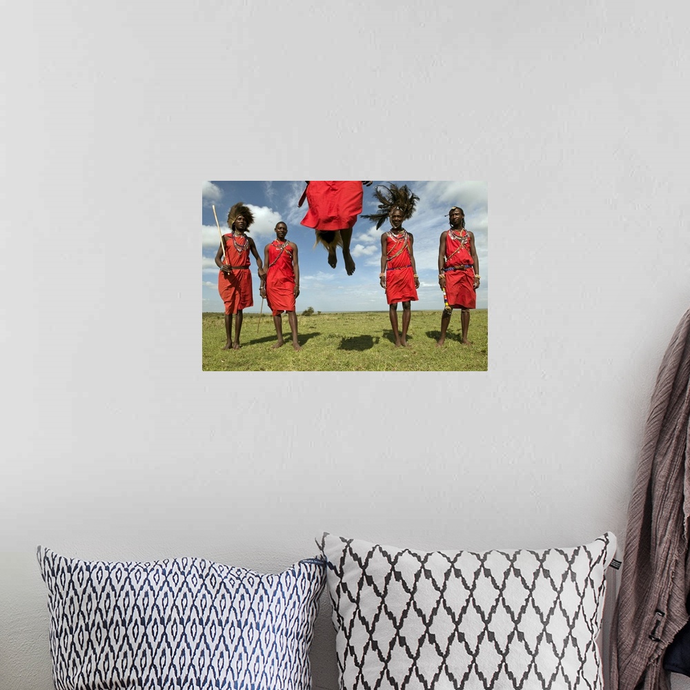 A bohemian room featuring Masai performing warrior dance, Masai Mara, Kenya, East Africa, Africa