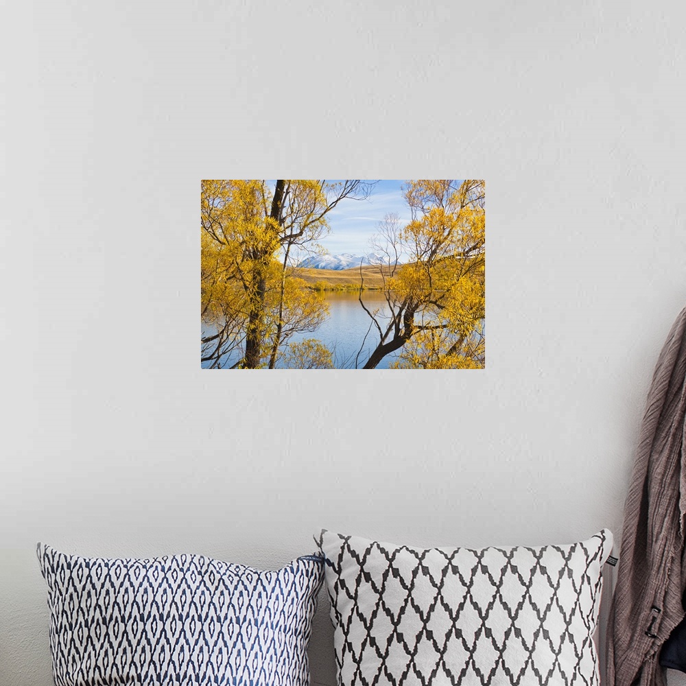 A bohemian room featuring Mountains and autumn trees, Lake Alexandrina, South Island, New Zealand