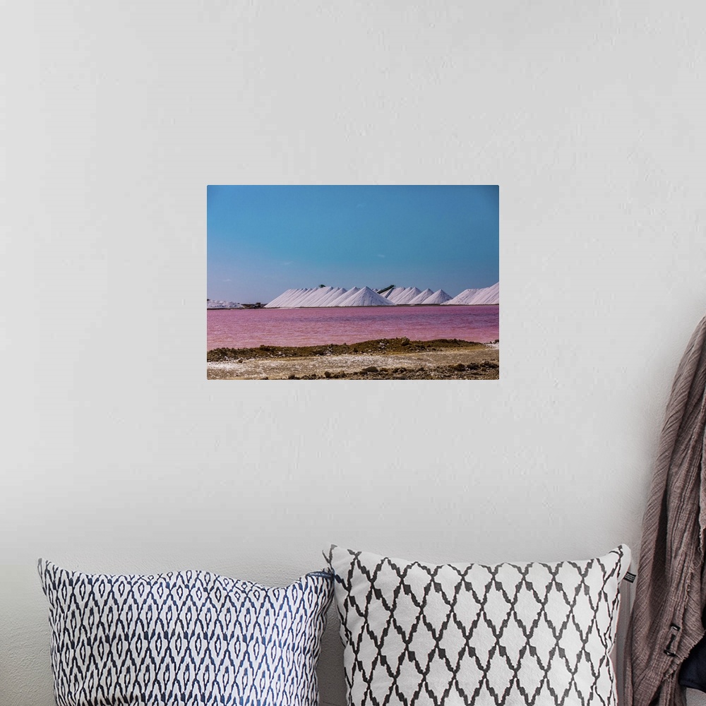 A bohemian room featuring View of the pink colored ocean overlooking the Salt Pyramids of Bonaire from afar, Bonaire, Nethe...