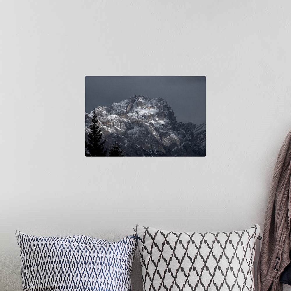 A bohemian room featuring Pomagagnon mountain covered by pristine snow on a cloudy day, Dolomites, Belluno, Veneto, Italy, ...
