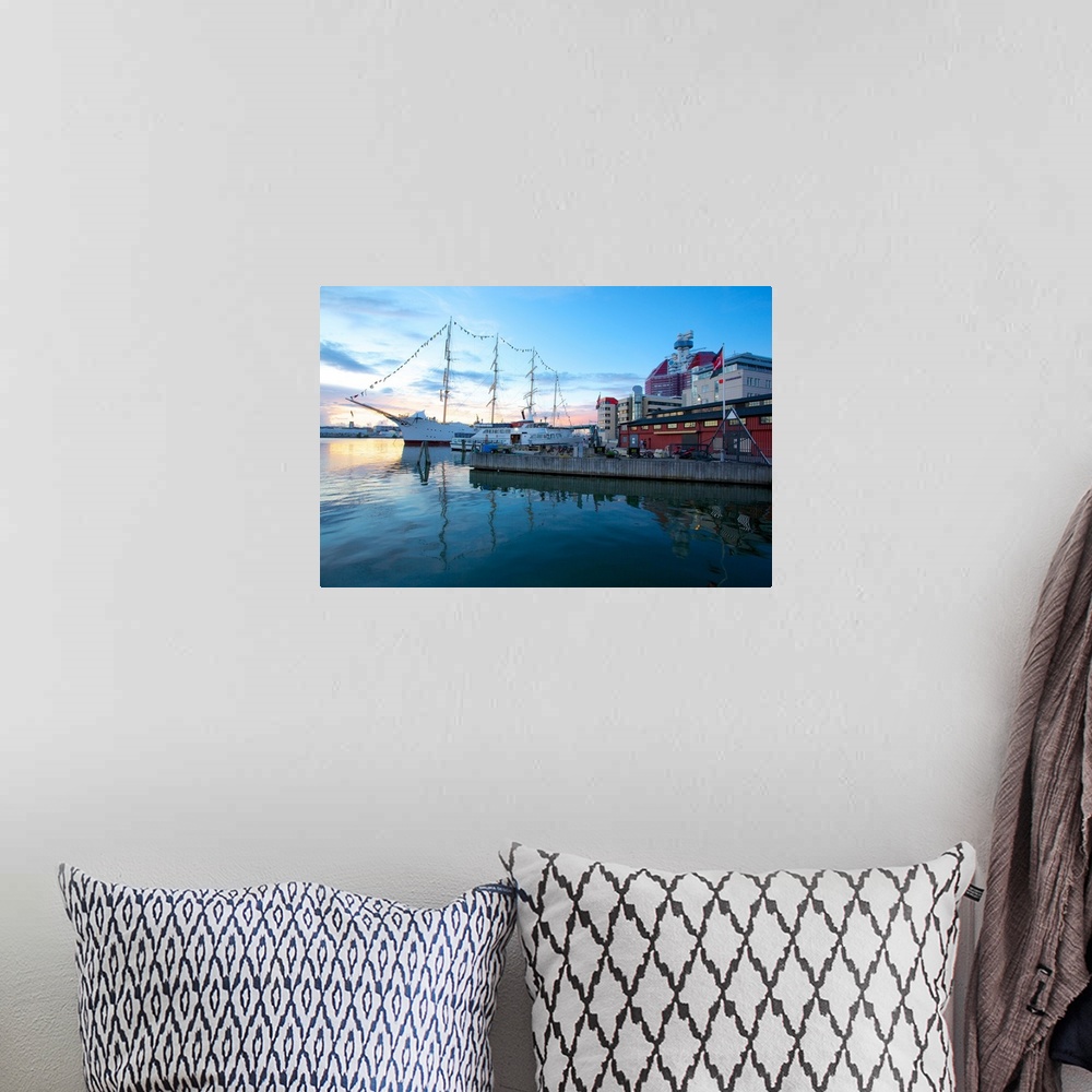 A bohemian room featuring School Ship in Harbour at dusk, Gothenburg, Sweden, Scandinavia, Europe.
