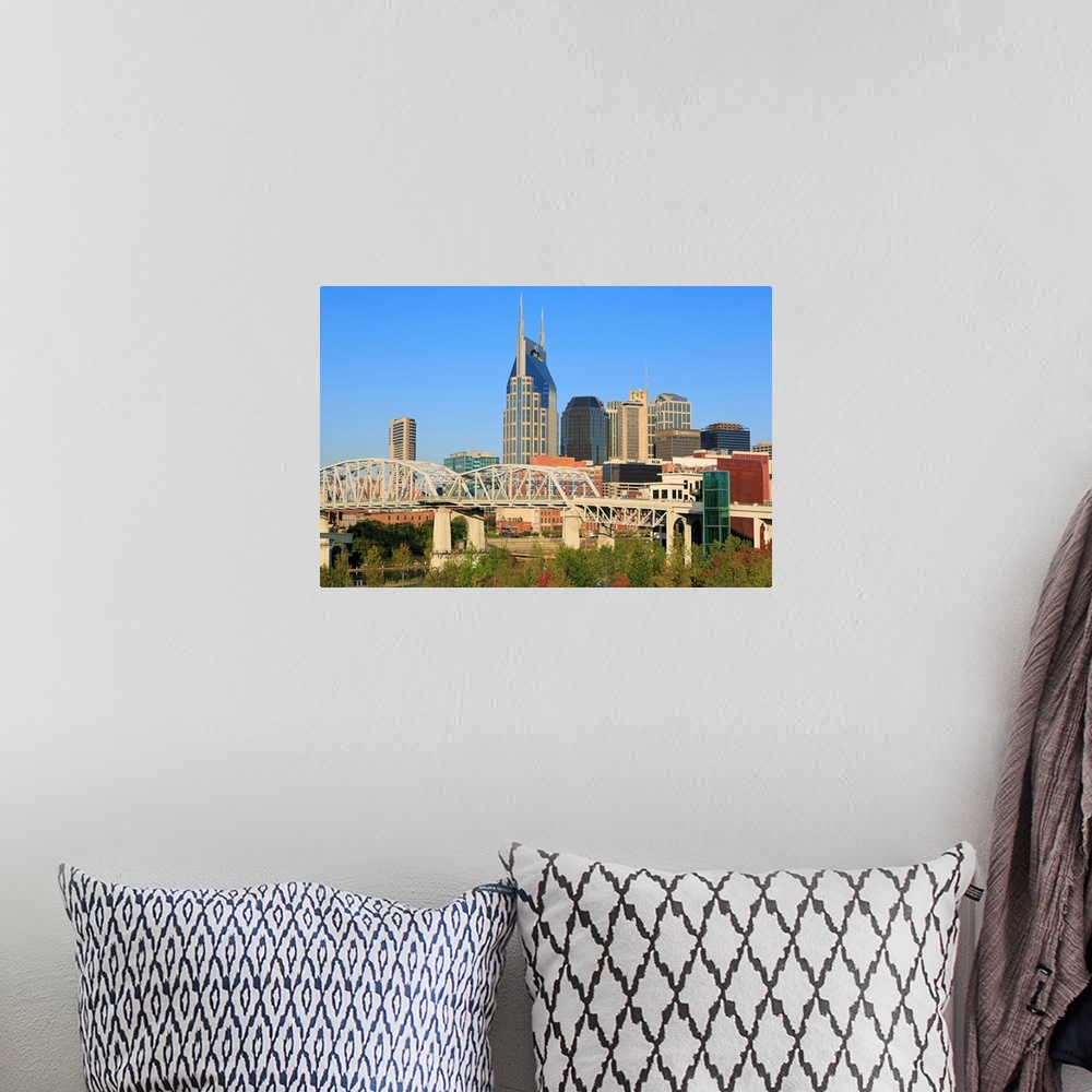 A bohemian room featuring Shelby Pedestrian Bridge and Nashville skyline, Tennessee, USA