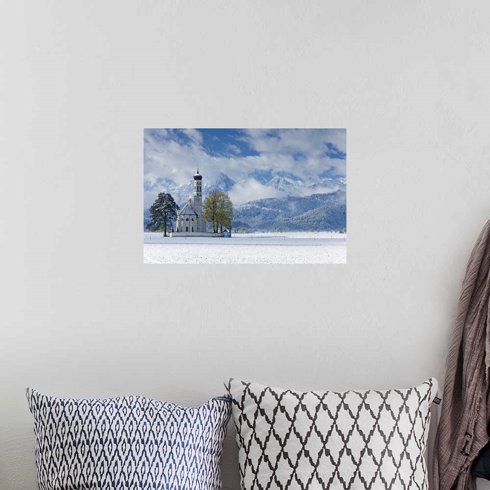 A bohemian room featuring St. Coloman Church in winter, Oberbayern, Bavaria, Germany