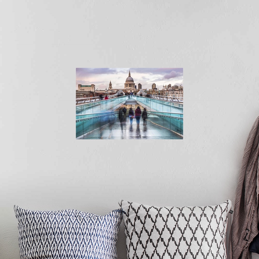A bohemian room featuring St. Pauls Cathedral at sunset, seen across Millennium Bridge, City of London, London, England, Un...