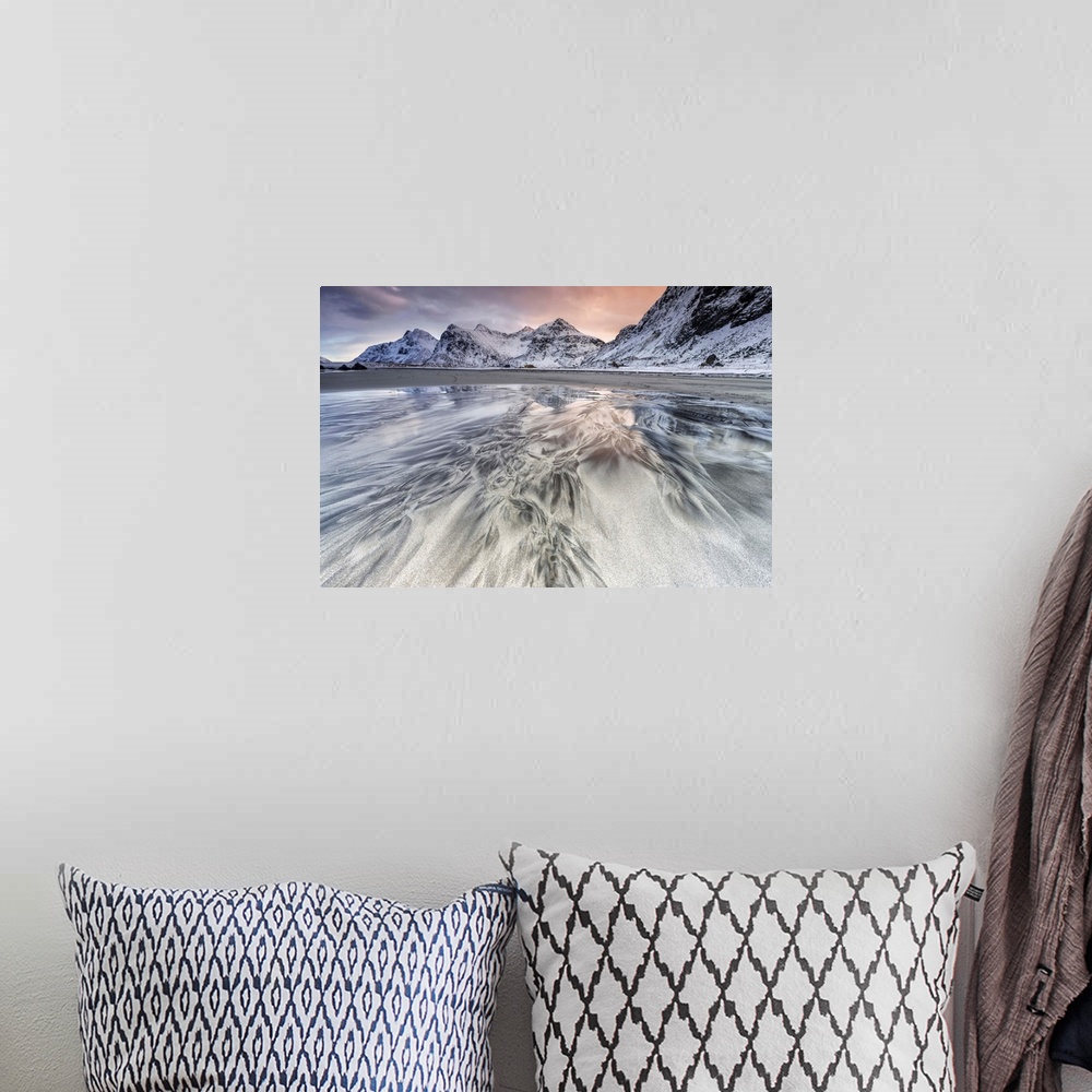 A bohemian room featuring Sunset on the surreal Skagsanden beach surrounded by snow covered mountains, Flakstad, Lofoten Is...