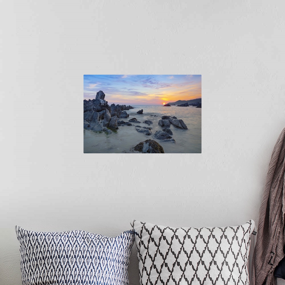 A bohemian room featuring Sunset over Atlantic, Combesgate Beach, Woolacombe, Devon, England, United Kingdom, Europe