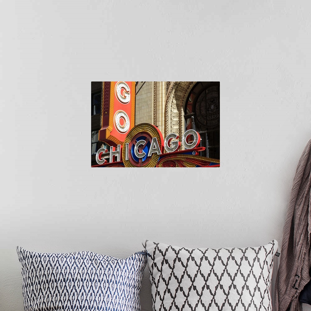 A bohemian room featuring The Chicago Theater sign has become an iconic symbol of the city, Chicago, Illinois