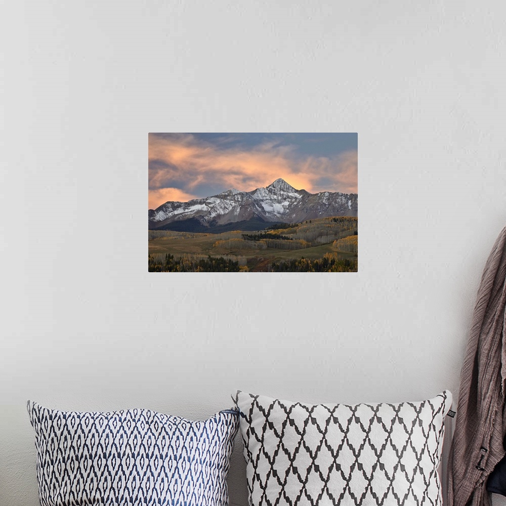 A bohemian room featuring Wilson Peak at dawn with a dusting of snow in the fall, Uncompahgre National Forest, Colorado, Un...