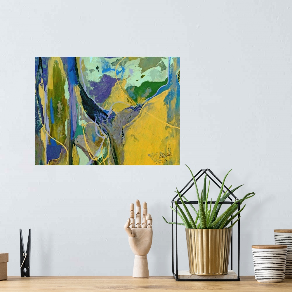 A bohemian room featuring Cool toned abstract painting with purple, blue, green, and yellow hues.
