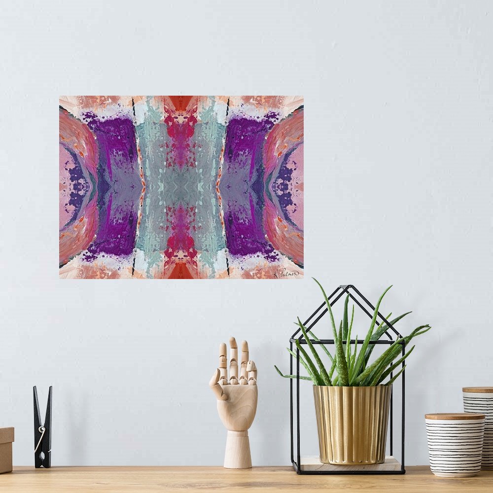 A bohemian room featuring Abstract contemporary painting resembling a kaleidoscopic image, in pink and purple tones.