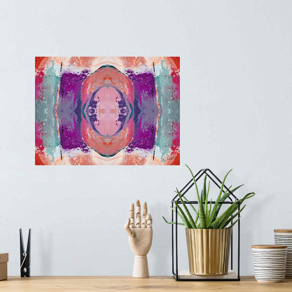 A bohemian room featuring Abstract contemporary painting resembling a kaleidoscopic image, in pink and purple tones.