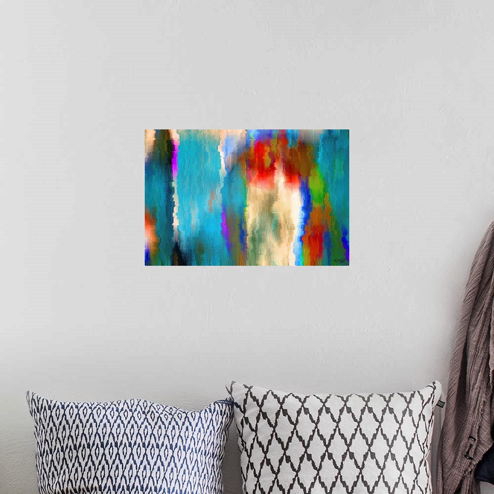 A bohemian room featuring Large, colorful abstract art with overlaying texture.