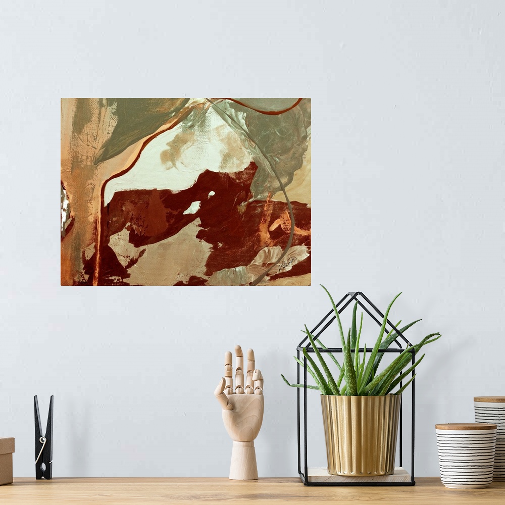 A bohemian room featuring Abstract painting using deep reds and green with contrasting hints of pale orange and white.