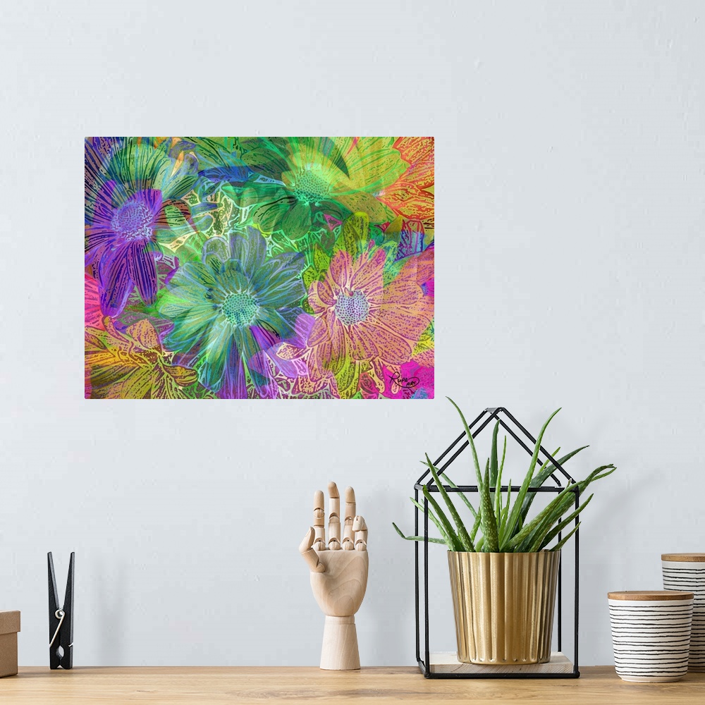A bohemian room featuring Abstract art of layering daises in bright colors.