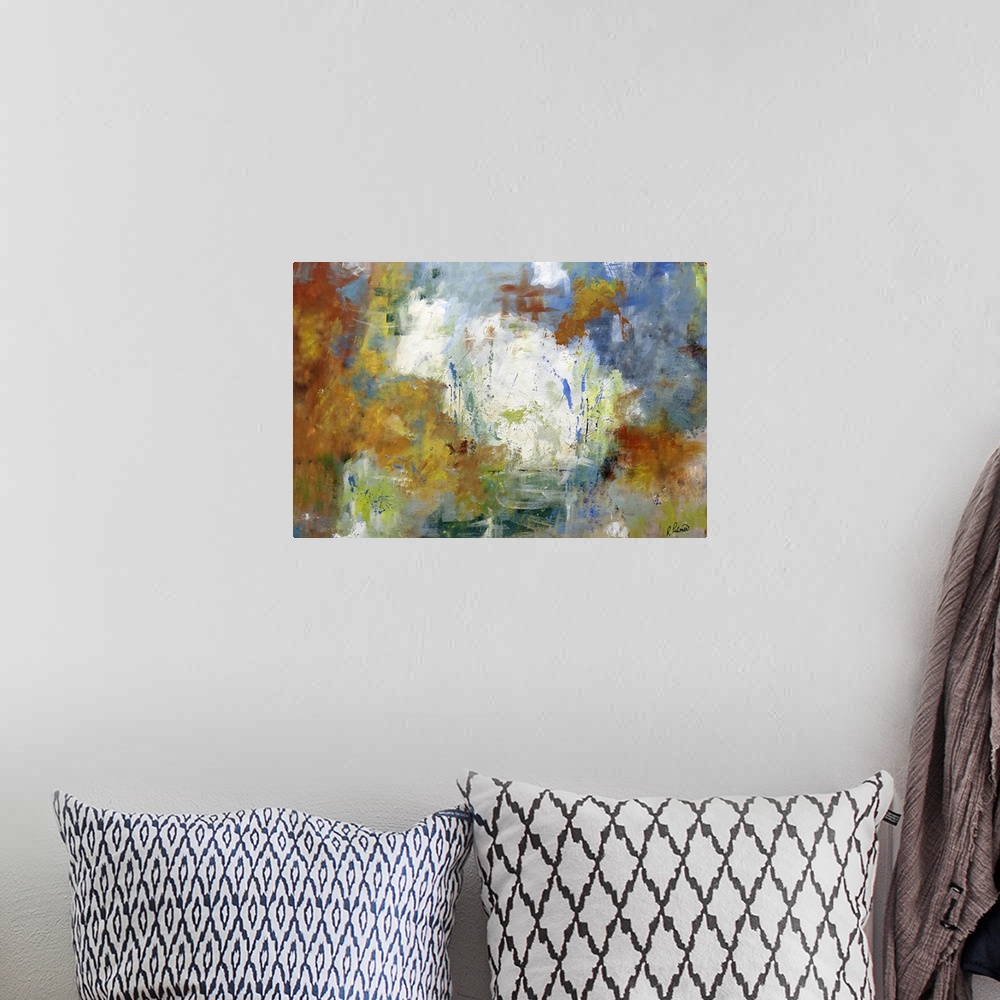 A bohemian room featuring Oversized, horizontal abstract painting of mixed brushstroke techniques and splatters in multi-co...