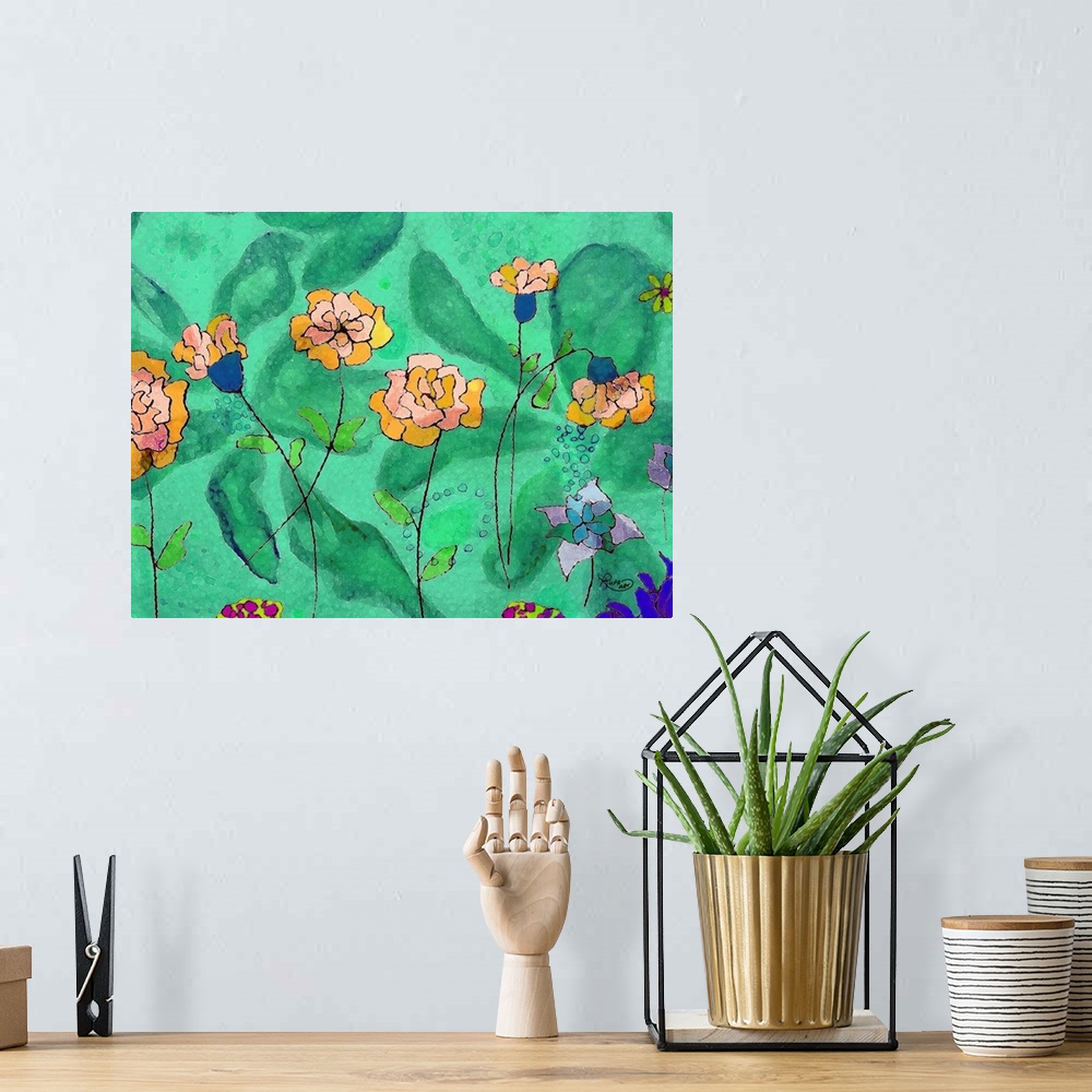 A bohemian room featuring Contemporary abstract art that has pink and orange flowers on green background that has a large, ...
