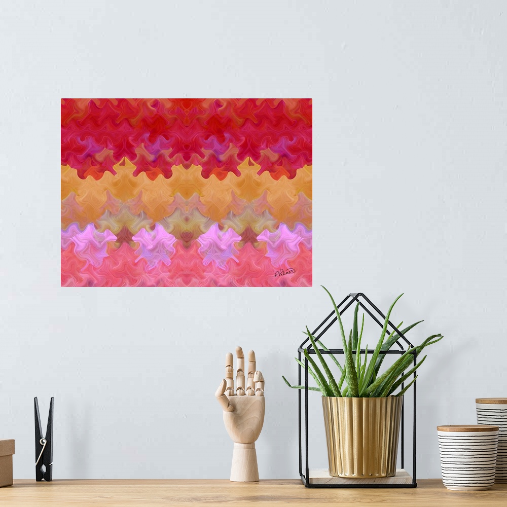 A bohemian room featuring Vibrant abstract artwork in a repetitive spiral pattern that fades to different colors.