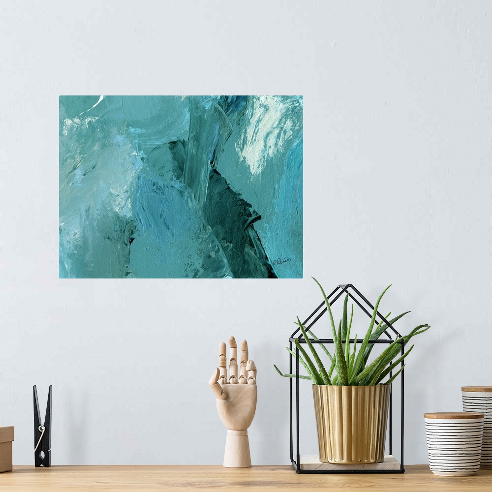 A bohemian room featuring Abstract painting with layers of teal and hints of white.