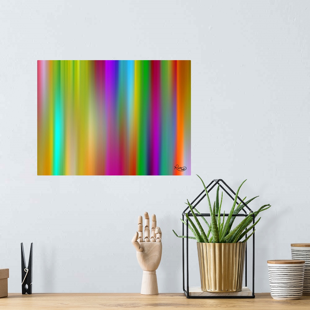 A bohemian room featuring Abstract art of vertical lines made with a rainbow gradient.