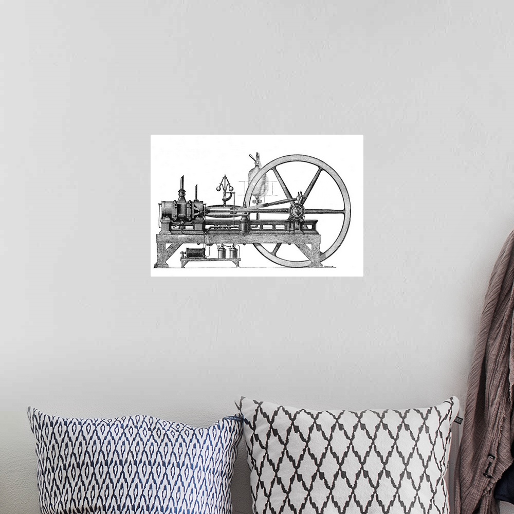 A bohemian room featuring 19th Century internal combustion engine. Historical artwork of a three-horsepower internal combus...