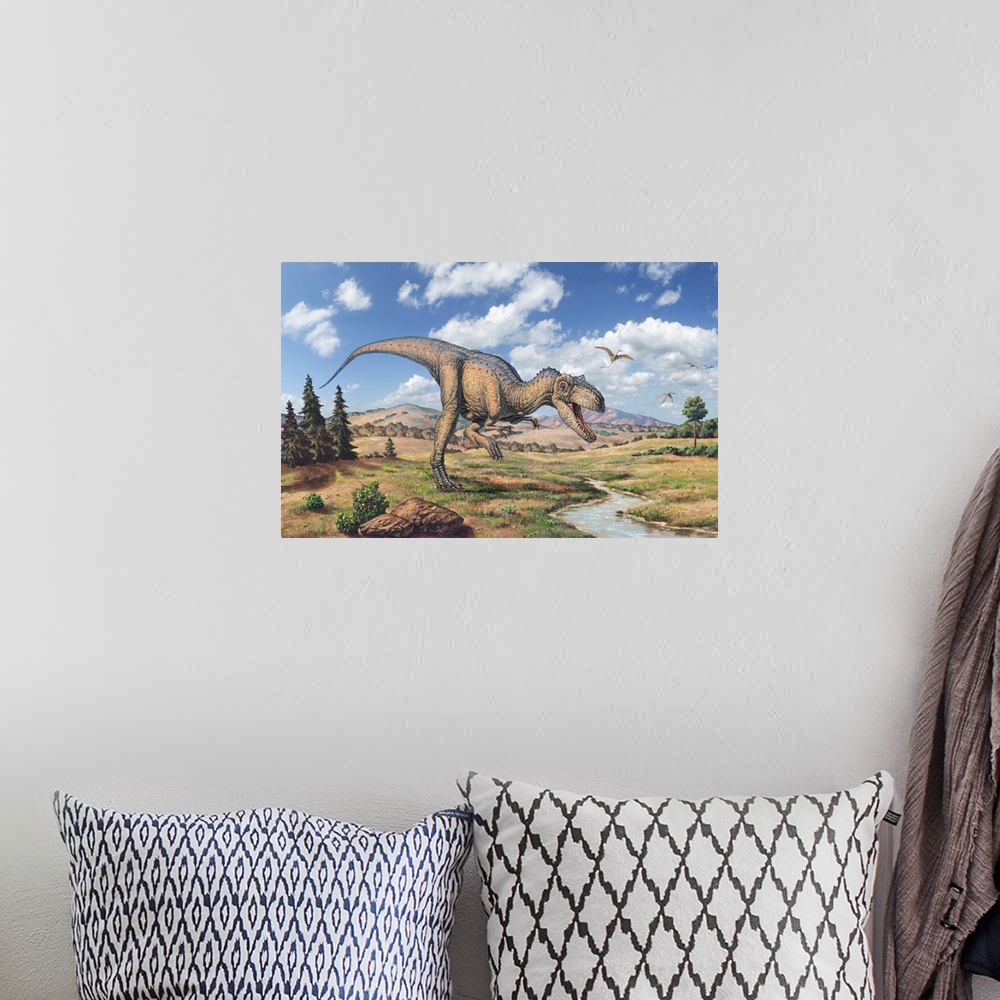 A bohemian room featuring Allosaurus dinosaur, artwork. Allosaurus patrolling its territory, marked by a stream. Allosaurus...