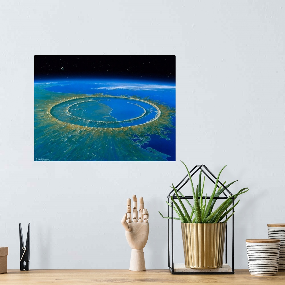 A bohemian room featuring Chicxulub crater. Artwork of the Chicxulub impact crater on the Yucatan Peninsula, Mexico, soon a...