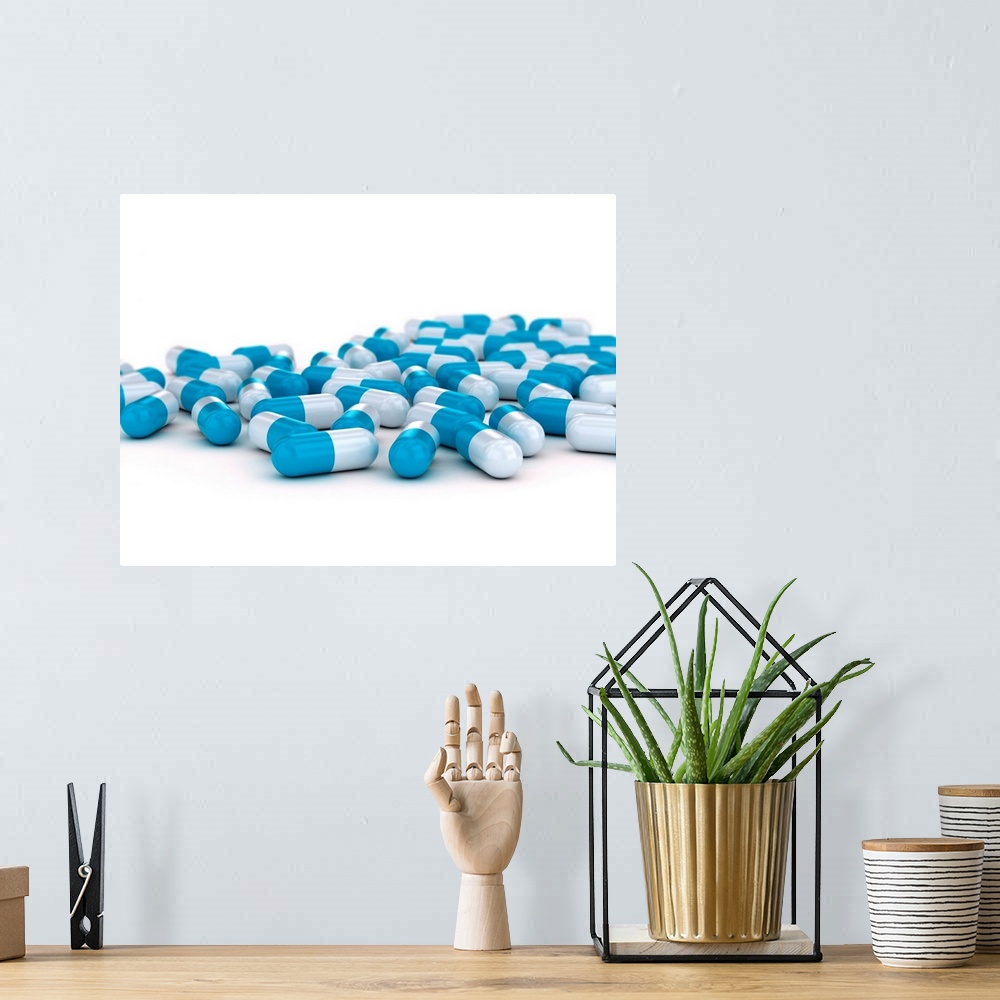 A bohemian room featuring Blue and white capsules, illustration.