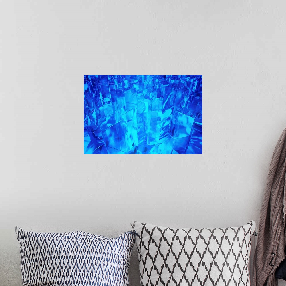 A bohemian room featuring Blue shapes, abstract illustration.