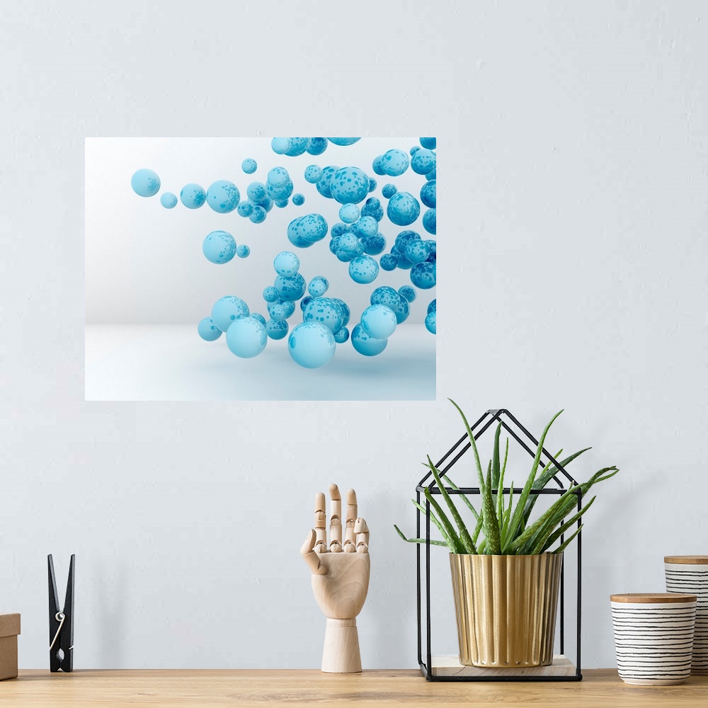 A bohemian room featuring Blue spheres, illustration.