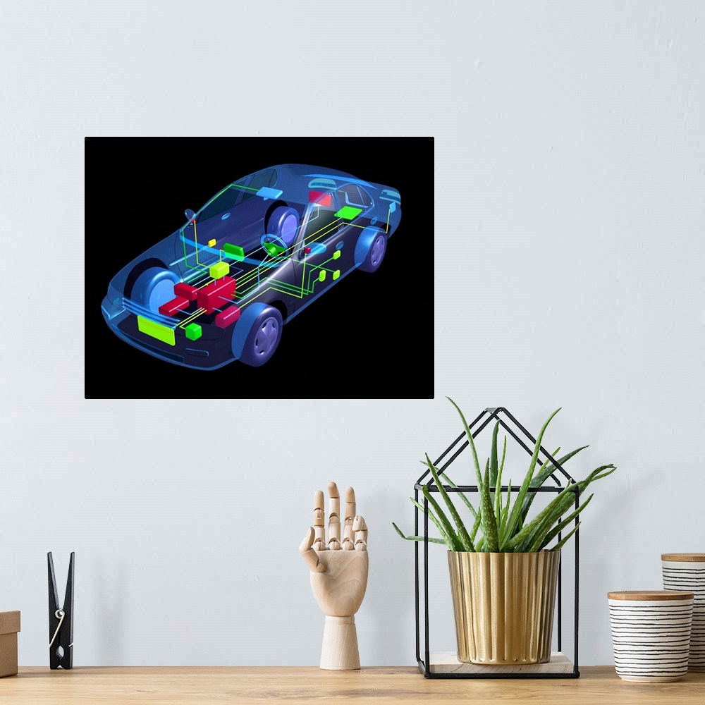A bohemian room featuring Car design. Computer-aided design (CAD) image of a modern car. Wiring and electronics for functio...
