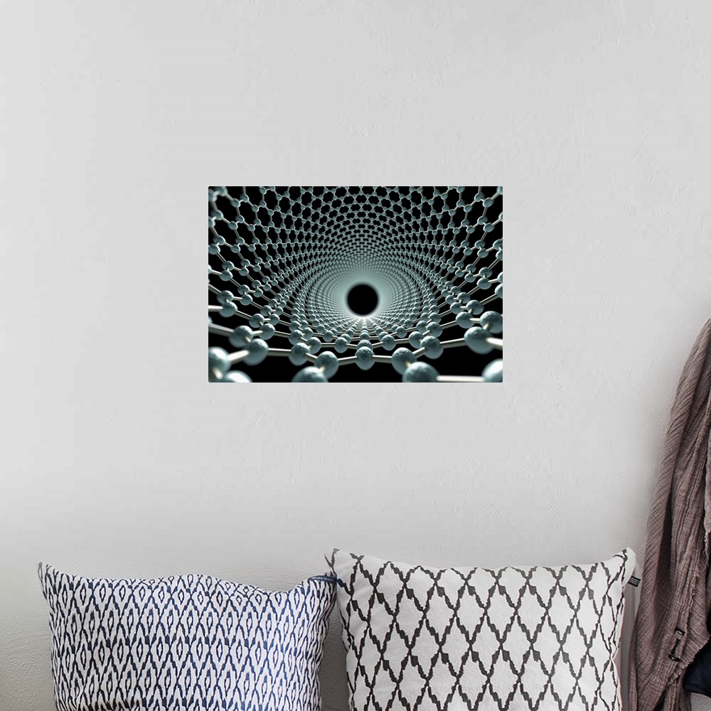 A bohemian room featuring Close-up view of the structure of a carbon nanotube.