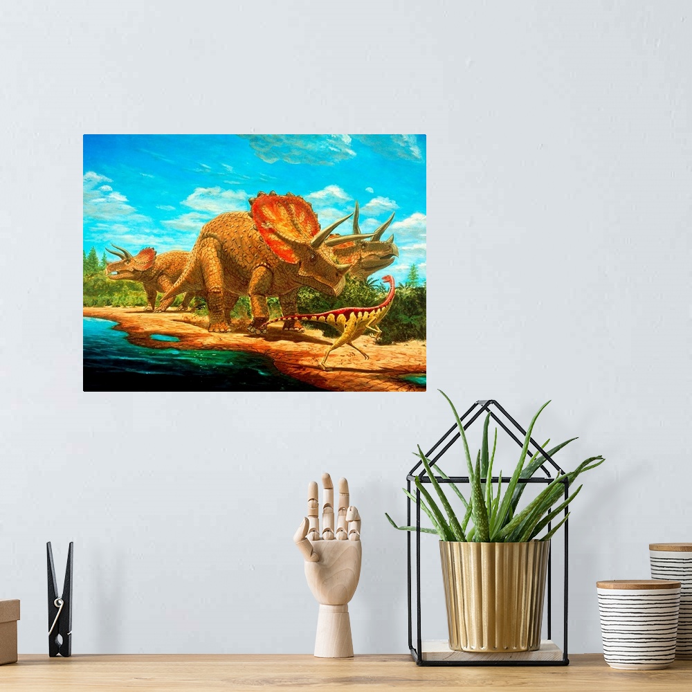 A bohemian room featuring Cretaceous dinosaurs. Artwork of two types of dinosaur that lived during the Cretaceous period (a...