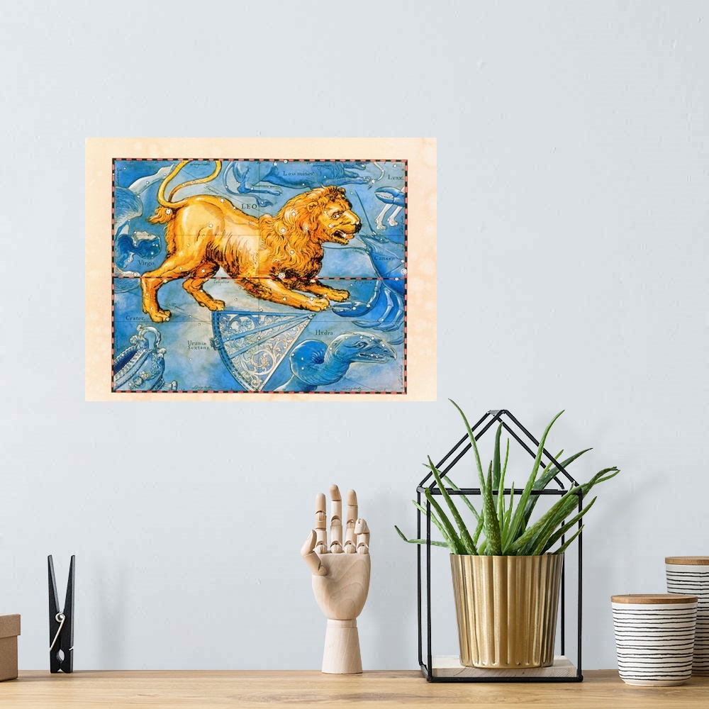 A bohemian room featuring Leo. Coloured historical artwork of the constellation of Leo. The constellation is depicted as a ...