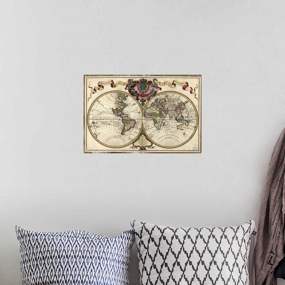 A bohemian room featuring Antique map of the world represented with two circles and the various areas of the globe depicted...