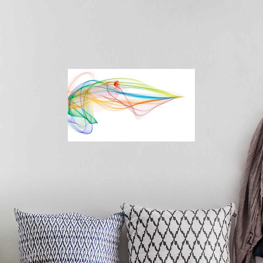 A bohemian room featuring Multicoloured swirls and lines against a white background, illustration.