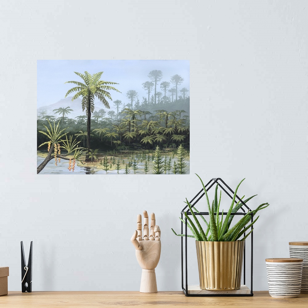 A bohemian room featuring Prehistoric tree ferns. Artwork of tree ferns growing by a lake. Ferns like these were numerous d...