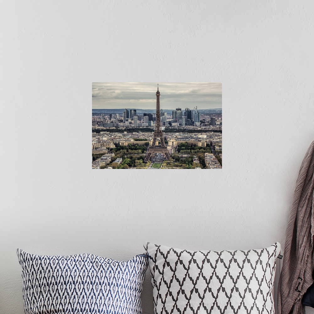 A bohemian room featuring Aerial view of the Eiffel Tower and La Defense in Paris