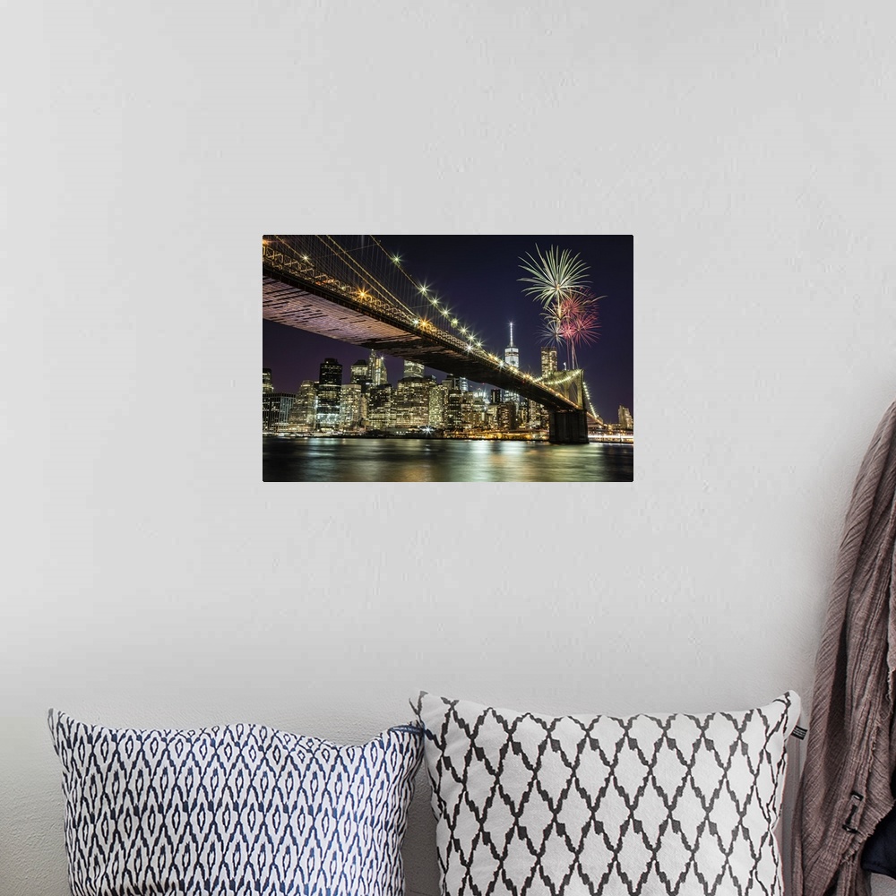 A bohemian room featuring Fireworks over the Brooklyn Bridge in New York City
