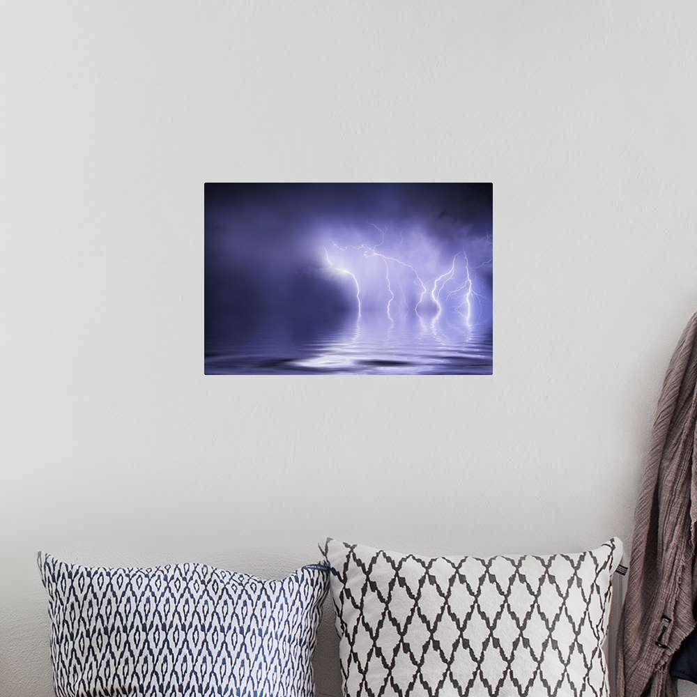 A bohemian room featuring Lightning storm over the ocean
