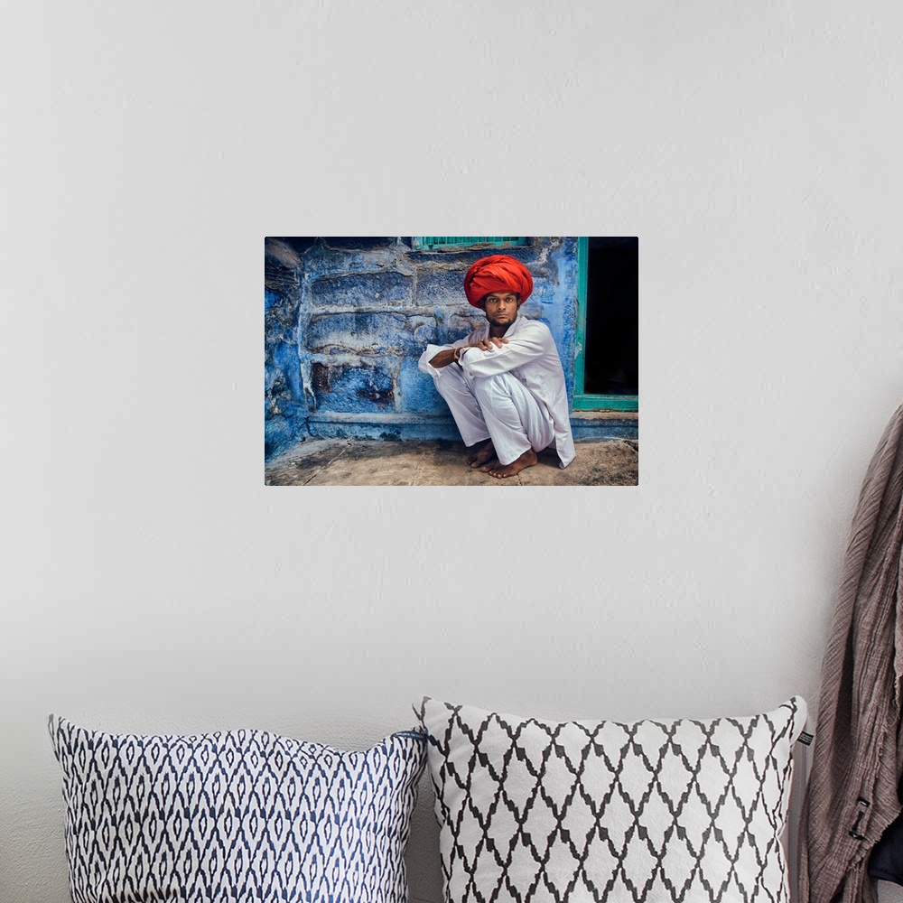 A bohemian room featuring Man with red turban in the Blue City of Jodhpur, India.