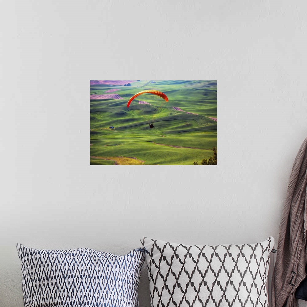 A bohemian room featuring Paraglider above green the wheat fields in the Palouse