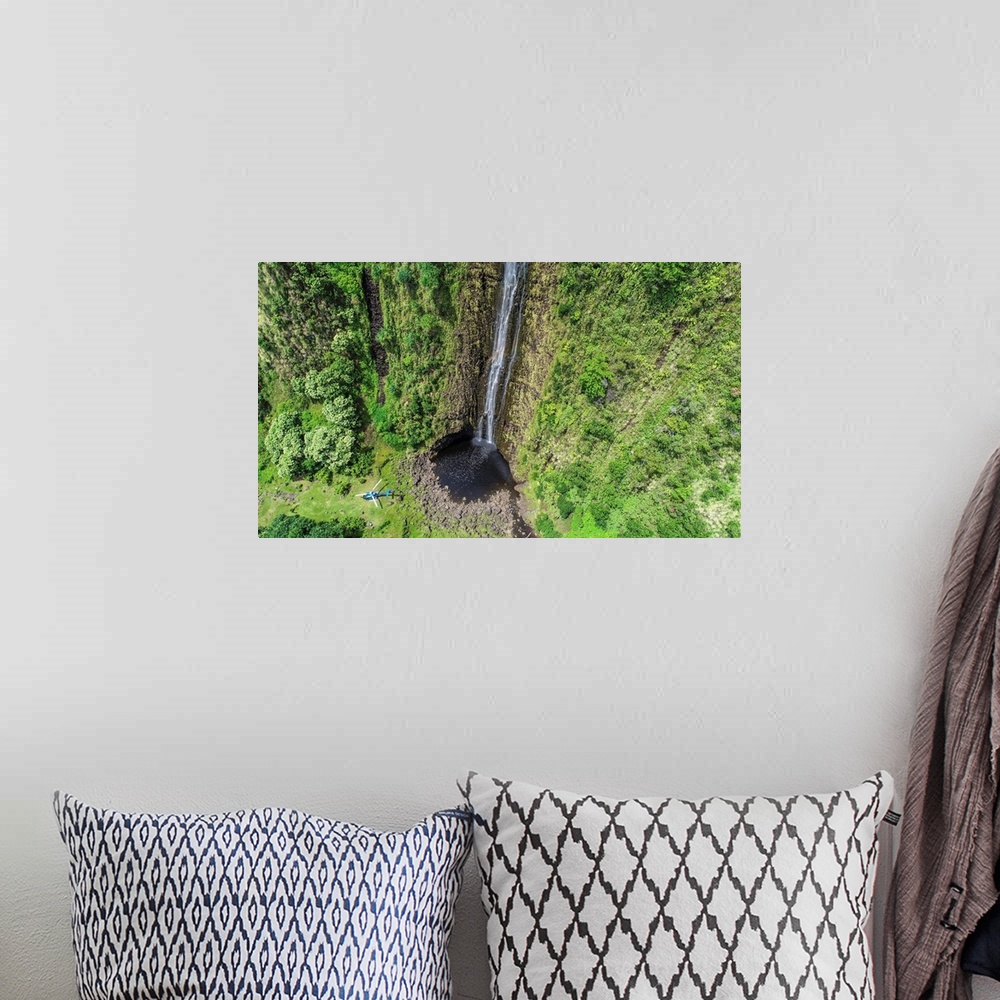 A bohemian room featuring Aerial photograph of a waterfall on the north east shore of Hawaii's big island