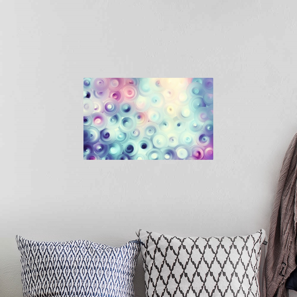 A bohemian room featuring Abstract artwork of overlapping swirling circles in pastel white, blue, and pink.
