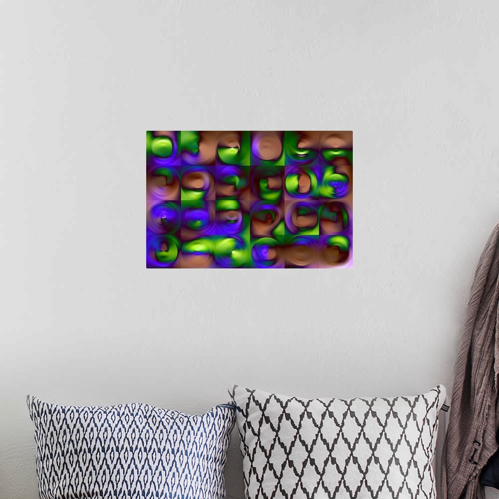 A bohemian room featuring Abstract artwork using deep purple and green tones and water like ripples.