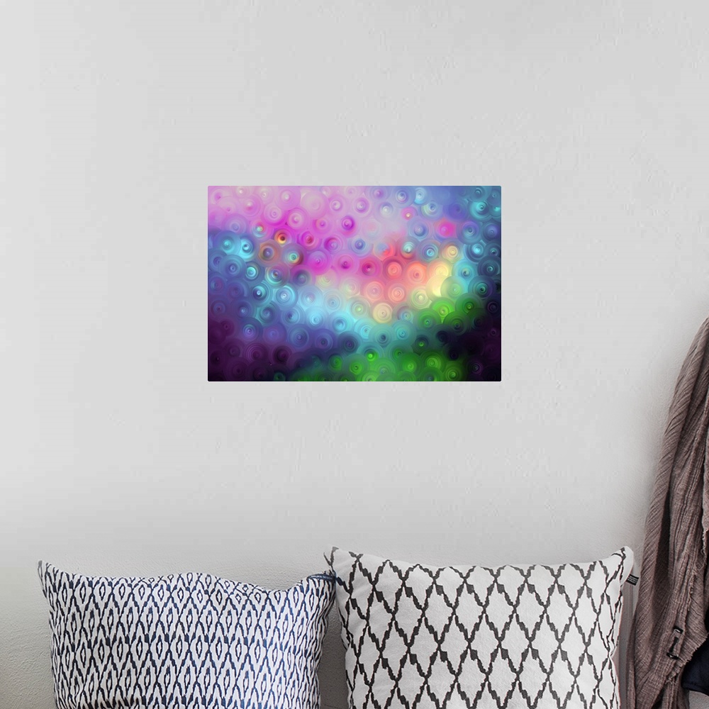A bohemian room featuring Abstract artwork of overlapping swirling circles in bold rainbow tones.